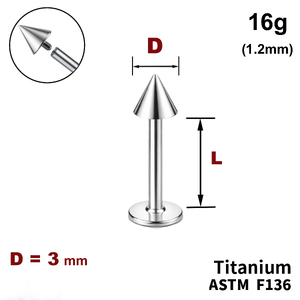 Лабрет з конусом 3мм, 16g&nbsp;(1.2мм), Усередині різьблення, ТИТАН
