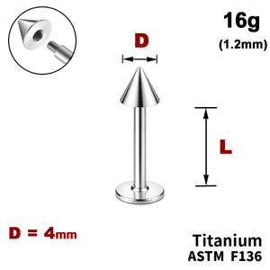 Лабрет з конусом 4мм, 16g&nbsp;(1.2мм), Зовні різьблення, ТИТАН