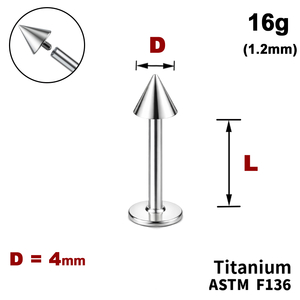 Лабрет з конусом 4мм, 16g&nbsp;(1.2мм), Усередині різьблення, ТИТАН