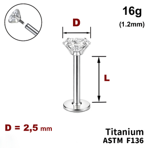Лабрет з Прозорим Кристалом 2.5мм, 16g&nbsp;(1.2мм), Усередині різьблення, ТИТАН