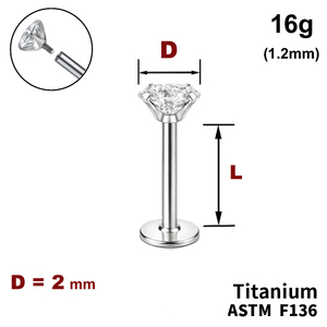 Лабрет з Прозорим Кристалом 2мм, 16g&nbsp;(1.2мм), Усередині різьблення, ТИТАН