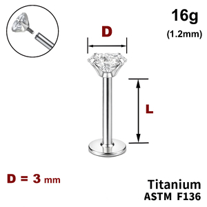 Лабрет з Прозорим Кристалом 3мм, 16g&nbsp;(1.2мм), Усередині різьблення, ТИТАН