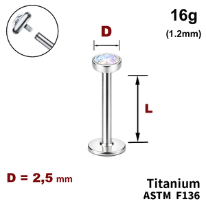 Лабрет з диском з Кристалом&nbsp;AB 2.5мм, 16g&nbsp;(1.2мм), Усередині різьблення, ТИТАН