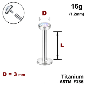 Лабрет з диском з Кристалом&nbsp;AB 3мм, 16g&nbsp;(1.2мм), Усередині різьблення, ТИТАН