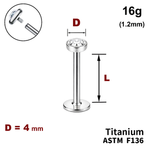 Лабрет з диском з Прозорим Кристалом 4мм, 16g&nbsp;(1.2мм), Усередині різьблення, ТИТАН