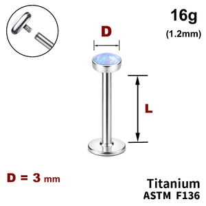 Лабрет з диском з Опалом 3мм, 16g&nbsp;(1.2мм), Усередині різьблення, ТИТАН