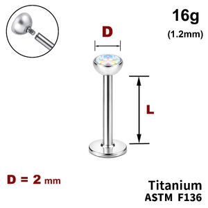 Лабрет з напівсферою з Кристалом&nbsp;AB 2мм, 16g&nbsp;(1.2мм), Усередині різьблення, ТИТАН