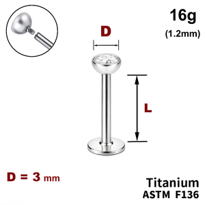 Лабрет з напівсферою з Прозорим Кристалом 3мм, 16g&nbsp;(1.2мм), Усередині різьблення, ТИТАН