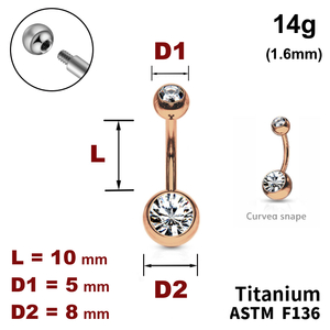 Банан у пуп 10мм, кульки з кристалами 5мм і 8мм, 14g (1.6мм), колір - рожеве золото, Зовнішнє різьблення, ТИТАН