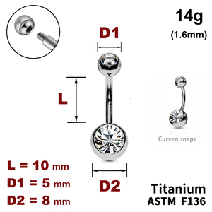 Банан у пуп 10мм, кульки з кристалами 5мм і 8мм, 14g (1.6мм), Зовнішнє різьблення, ТИТАН