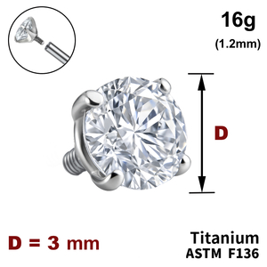 Накрутка  з Прозорим Кристалом 3мм, 16G (1,2 мм), ТИТАН, для пірсингу