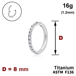 Кільце-клікер 8мм, з кристалами по кромці, 16g (1.2мм), ТИТАН