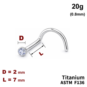Сережка-нострил у ніс вигнута, 7мм, завальцьований кристал 2мм, 20g (0.8мм), ТИТАН
