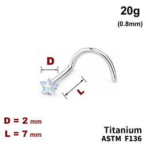 Сережка-нострил у ніс вигнута, 7мм, вкраплена зірочка AB 3мм, 20g (0.8мм), ТИТАН
