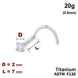 Сережка-нострил у ніс вигнута, 7мм, вкраплений кристал 2мм, 20g (0.8мм), ТИТАН