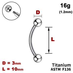 Мікробанан 10мм з кульками 3мм, 16g&nbsp;(1.2мм), Зовні різьблення, ТИТАН