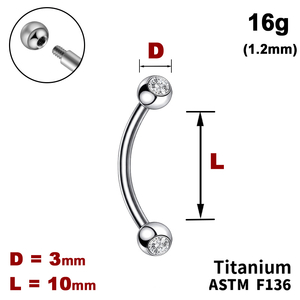 Мікробанан 10мм з кульками з Прозорим Кристалом 3мм, 16g&nbsp;(1.2мм), Зовні різьблення, ТИТАН