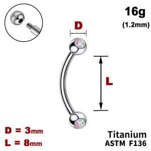 Мікробанан 8мм з кульками з Кристалом АВ 3мм, 16g&nbsp;(1.2мм), Зовні різьблення, ТИТАН