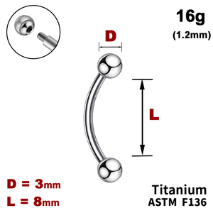 Мікробанан 8мм з кульками 3мм, 16g&nbsp;(1.2мм), Зовні різьблення, ТИТАН