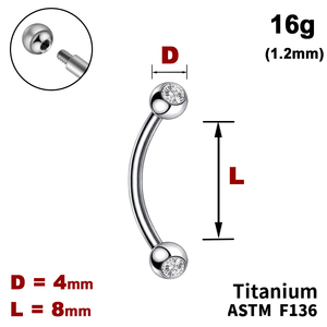 Мікробанан 8мм з кульками з Прозорим Кристалом 4мм, 16g&nbsp;(1.2мм), Зовні різьблення, ТИТАН