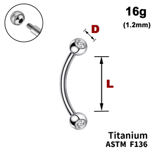 Мікробанан з кульками з Прозорим Кристалом, 16g&nbsp;(1.2мм), Зовні різьблення, ТИТАН