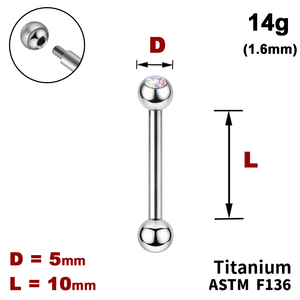Штанга (барбел) 10мм з кульками 5мм, одна з яких з Кристалом AB, 14g&nbsp;(1.6мм), Зовні різьблення, ТИТАН