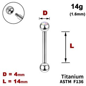Штанга (барбел) 14мм з кульками 4мм, одна з яких з Кристалом AB, 14g&nbsp;(1.6мм), Зовні різьблення, ТИТАН