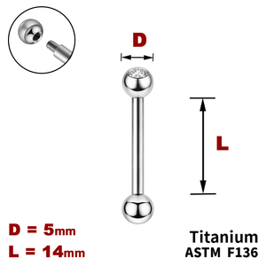 Штанга (барбел) 14мм з кульками 5мм, одна з яких з Прозорим Кристалом, Зовні різьблення, ТИТАН