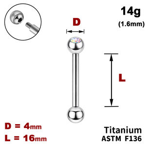 Штанга (барбел) 16мм з кульками 4мм, одна з яких з Кристалом AB, 14g&nbsp;(1.6мм), Зовні різьблення, ТИТАН