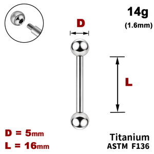Штанга (барбелл) 16мм з кульками 5мм, 14g&nbsp;(1.6мм), Зовні різьблення, ТИТАН