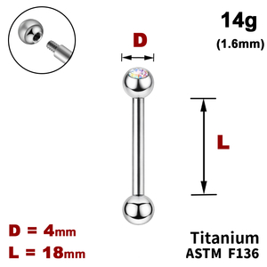 Штанга (барбел) 18мм з кульками 4мм, одна з яких з Кристалом AB, 14g&nbsp;(1.6мм), Зовні різьблення, ТИТАН