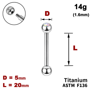 Штанга (барбел) 20мм з кульками 5мм, одна з яких з Кристалом AB, 14g&nbsp;(1.6мм), Зовні різьблення, ТИТАН