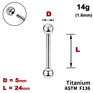 Штанга (барбел) 24мм з кульками 5мм, одна з яких з Кристалом AB, 14g&nbsp;(1.6мм), Зовні різьблення, ТИТАН