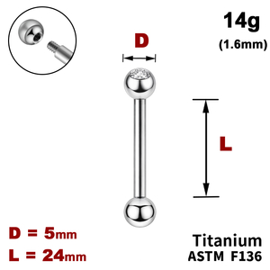 Штанга (барбел) 24мм з кульками 5мм, одна з яких з Прозорим Кристалом, 14g&nbsp;(1.6мм), Зовні різьблення, ТИТАН