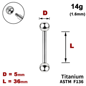 Штанга (барбелл) 36мм з кульками 5мм, 14g&nbsp;(1.6мм), Зовні різьблення, ТИТАН