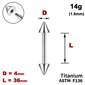 Штанга (барбелл) 36мм з конусами 4мм, 14g&nbsp;(1.6мм), Зовні різьблення, ТИТАН