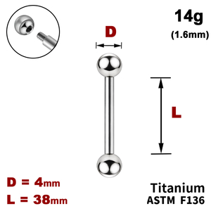Штанга (барбелл) 38мм з кульками 4мм, 14g&nbsp;(1.6мм), Зовні різьблення, ТИТАН