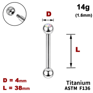 Штанга (барбел) 38мм з кульками 4мм, одна з яких з Кристалом AB, 14g&nbsp;(1.6мм), Зовні різьблення, ТИТАН