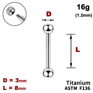 Штанга (барбелл) 8мм з кульками 3мм, 16g&nbsp;(1.2мм), Зовні різьблення, ТИТАН