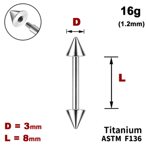 Штанга (барбелл) 8мм з конусами 3мм, 16g&nbsp;(1.2мм), Зовні різьблення, ТИТАН