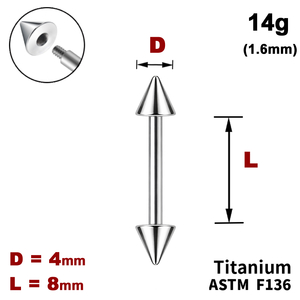 Штанга (барбелл) 8мм з конусами 4мм, 14g&nbsp;(1.6мм), Зовні різьблення, ТИТАН