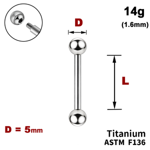 Штанга (барбел) з кульками 5мм, 14g&nbsp;(1.6мм), Зовні різьблення, ТИТАН