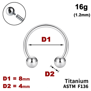 Підкова (Циркуляр) 8мм з кульками 4мм, 16g&nbsp;(1.2мм), Усередені різьблення, ТИТАН