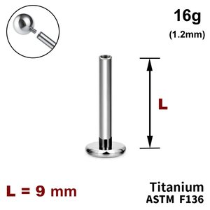 Ніжка лабрета 9мм, 16g (1,2мм), Усередині різьблення, ТИТАН
