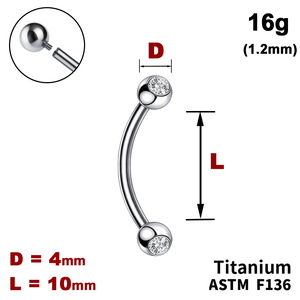 Мікробанан 10мм з кульками з Прозорим Кристалом 4мм, 16g&nbsp;(1.2мм), Усередині різьблення, ТИТАН