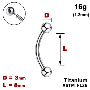 Мікробанан 8мм з кульками 3мм, 16g&nbsp;(1.2мм), Усередині різьблення, ТИТАН