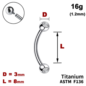 Мікробанан 8мм з кульками з Прозорим Кристалом 3мм, 16g&nbsp;(1.2мм), Усередині різьблення, ТИТАН