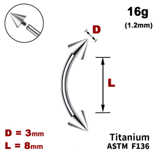 Мікробанан 8мм з конусами 3мм, 16g&nbsp;(1.2мм), Усередині різьблення, ТИТАН