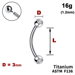 Мікробанан з кульками з Прозорим Кристалом 3мм, 16g&nbsp;(1.2мм), Усередині різьблення, ТИТАН