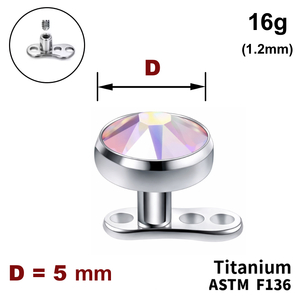 Мікродермал, завальцьований кристал AB 5мм, 16g (1.2мм), Внутрішнє різьблення, ТИТАН